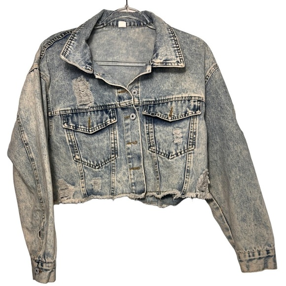 Jean Jacket Acid Wash Cropped Destroyed Size Xs - Picture 1 of 10